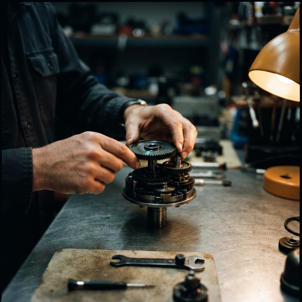 Hands assembling precision metal gears on a desk