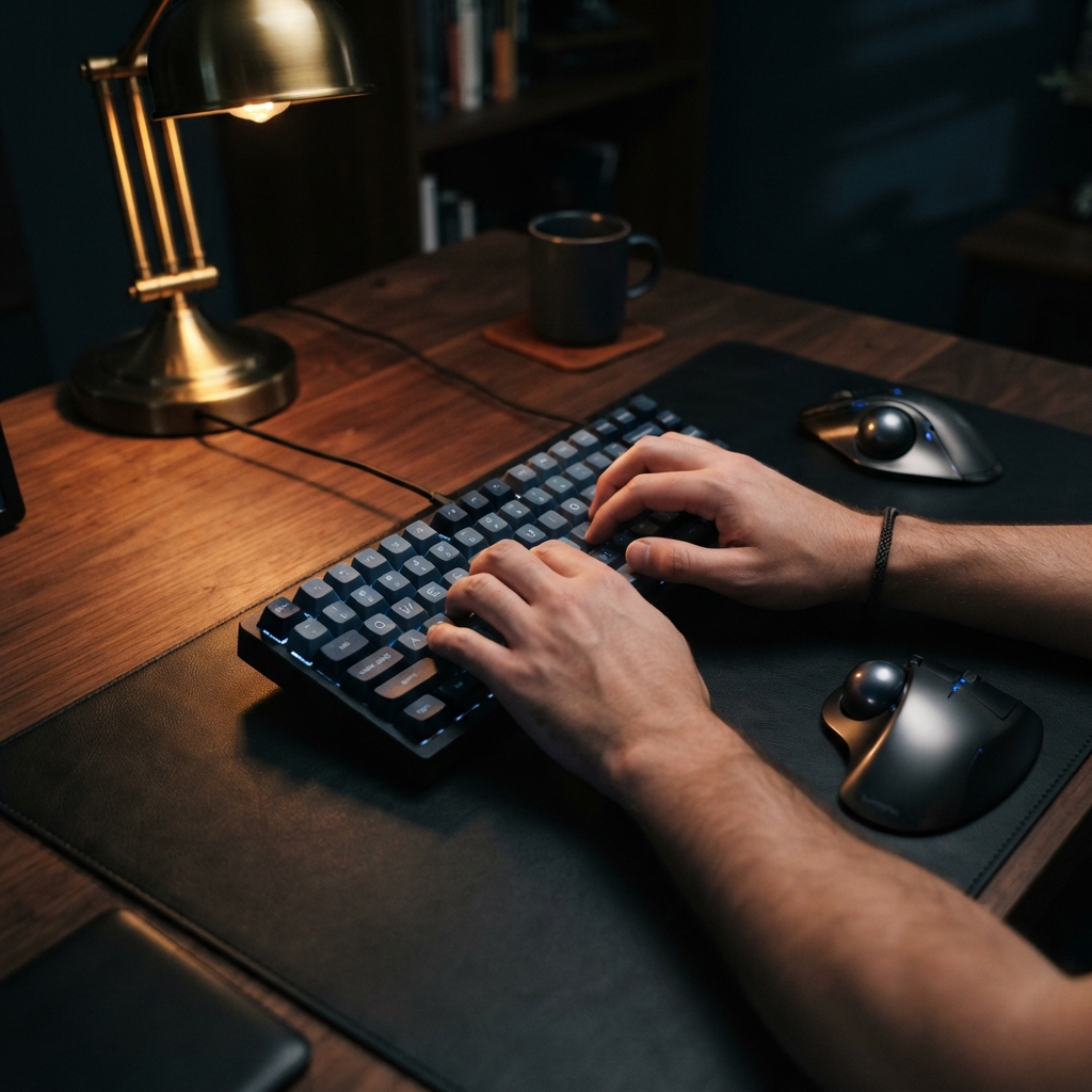 Developer typing on a mechanical keyboard in a dark room
