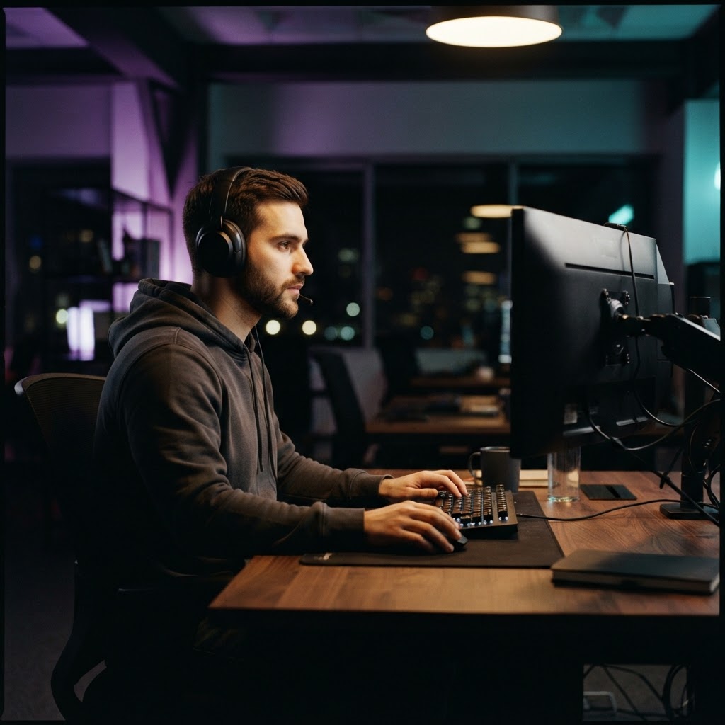Developer working in a dimly lit, modern office space