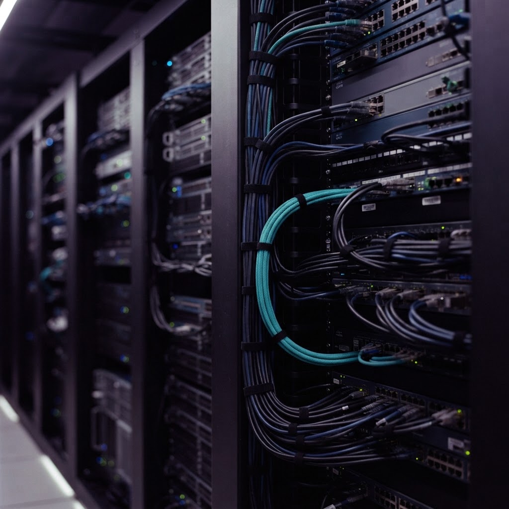 Detailed view of structured cable management in a server rack