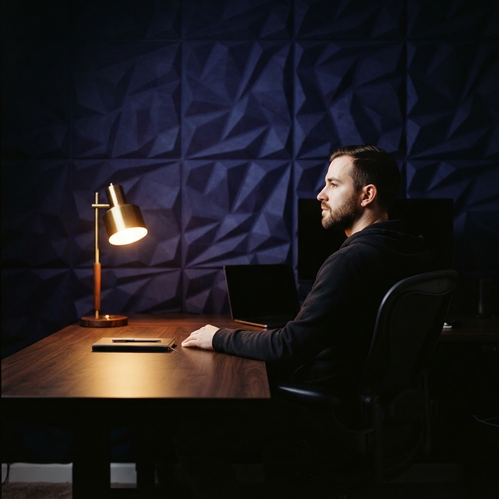 Developer reflecting in a dark focused workspace
