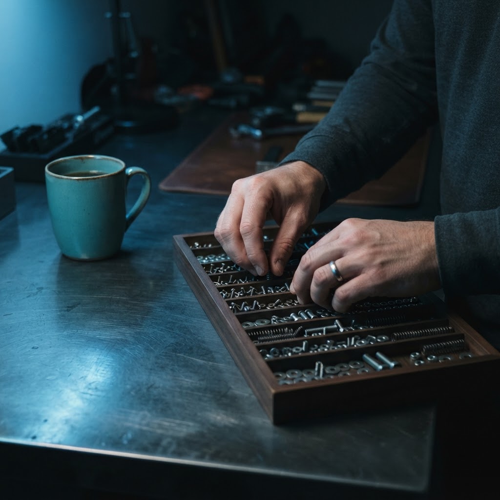 Organizing small metal components on a dark desk