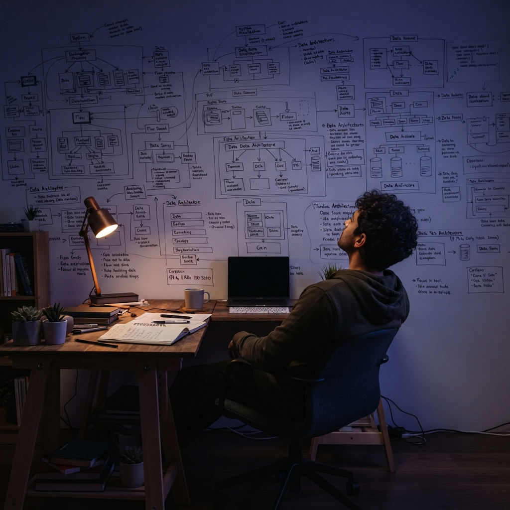 Focused developer in a dimly lit engineering office