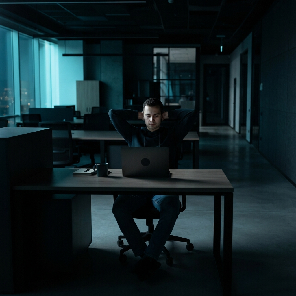 Developer reflecting on code in a dimly lit office