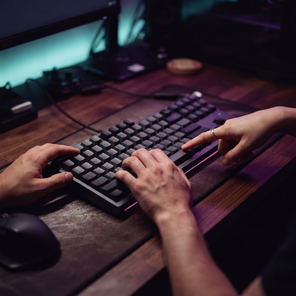 Two developers collaborating at a desk in low lighting