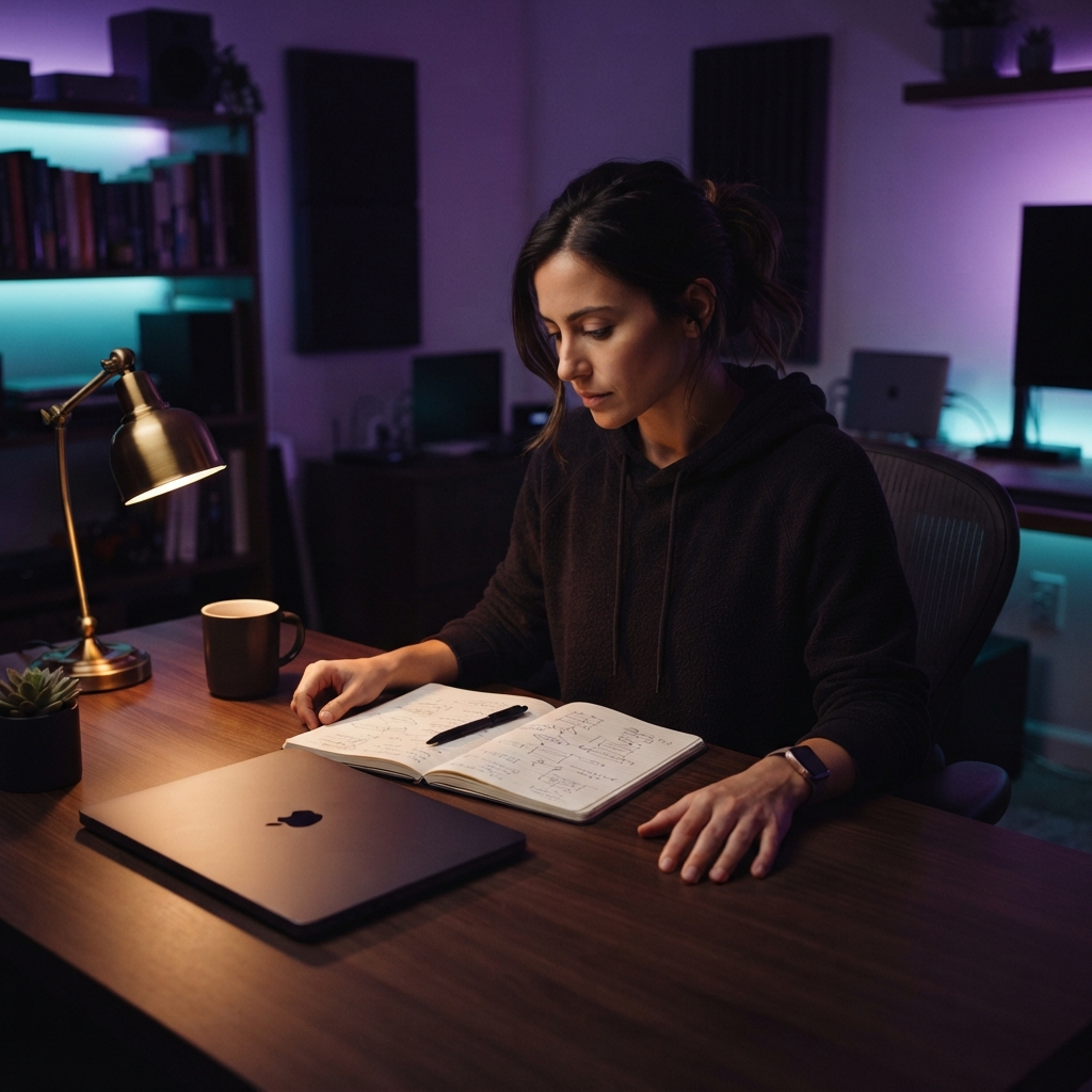 Solo developer focusing on a notebook at night