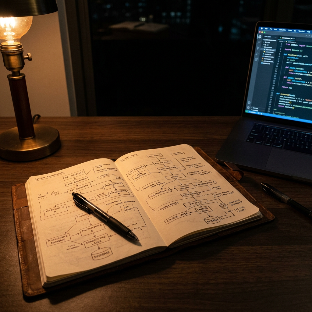 Developer notebook with AI architecture sketches and laptop