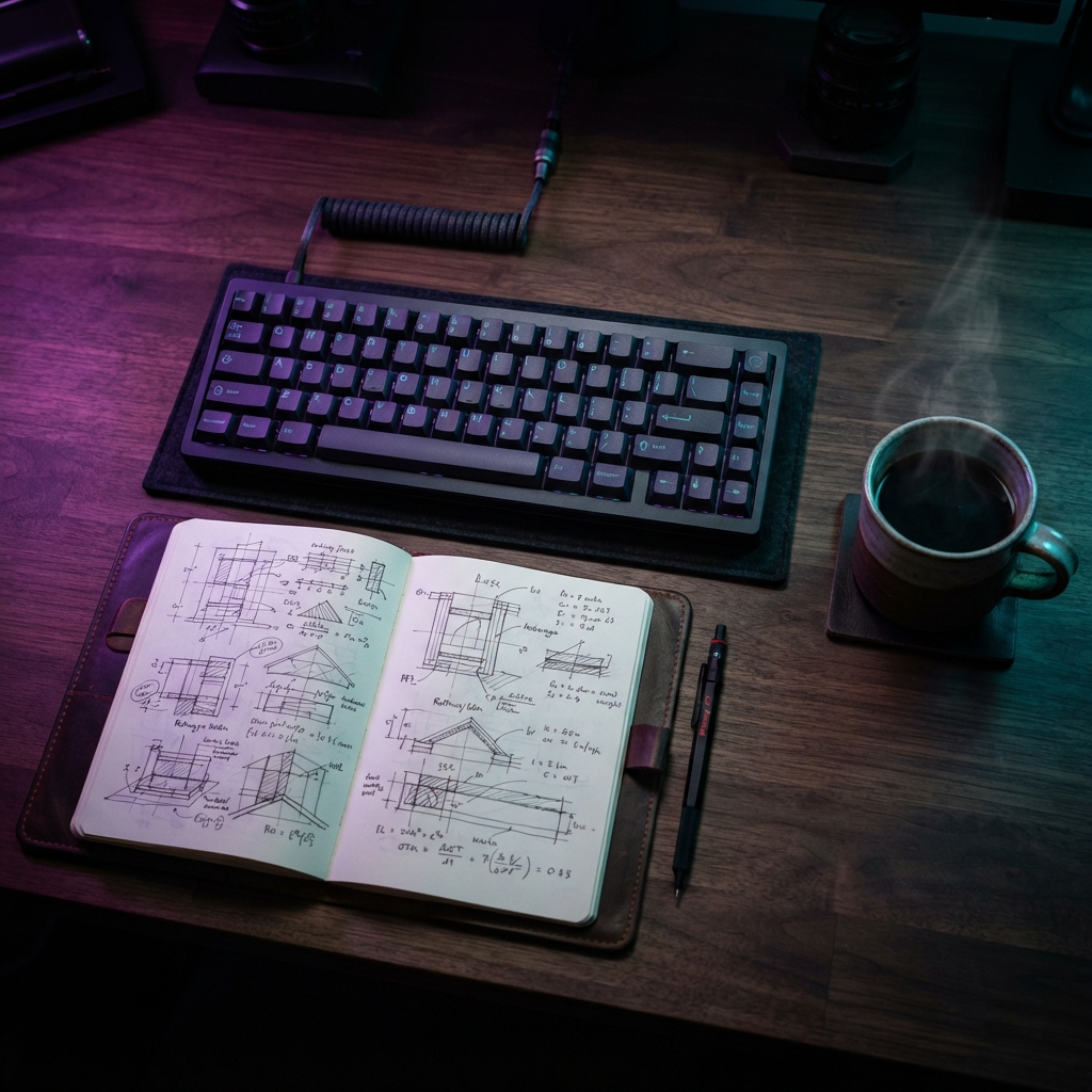 Open notebook and mechanical keyboard on a desk