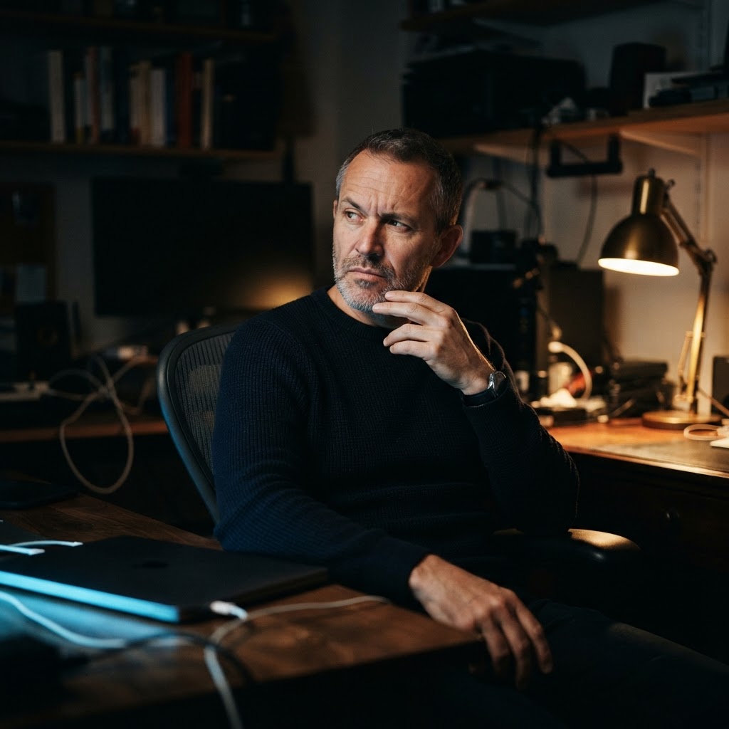 Software engineer thinking critically at a desk at night