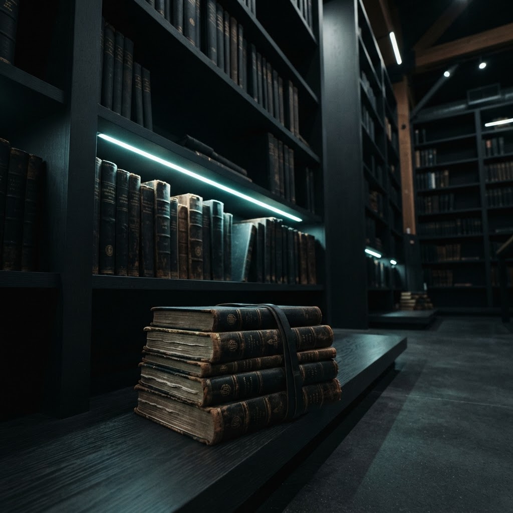 Dark architectural shelving with engineering journals and teal accent lighting