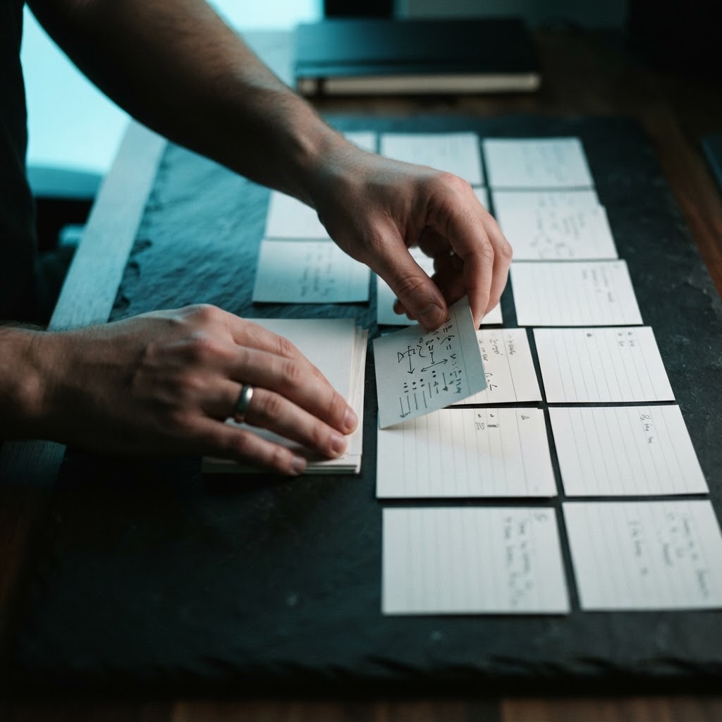 Hands organizing physical index cards on a dark desk