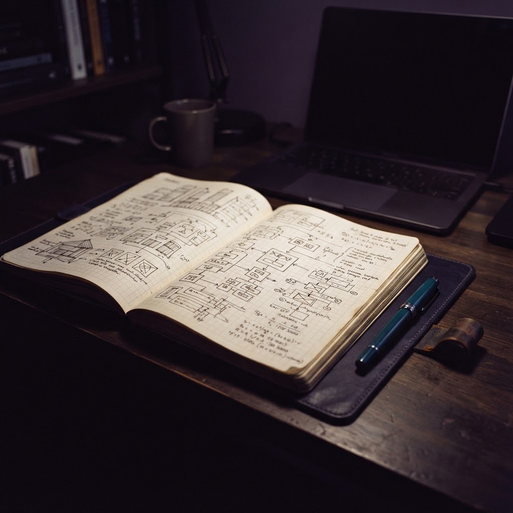 Open engineering notebook and fountain pen on a dark workspace
