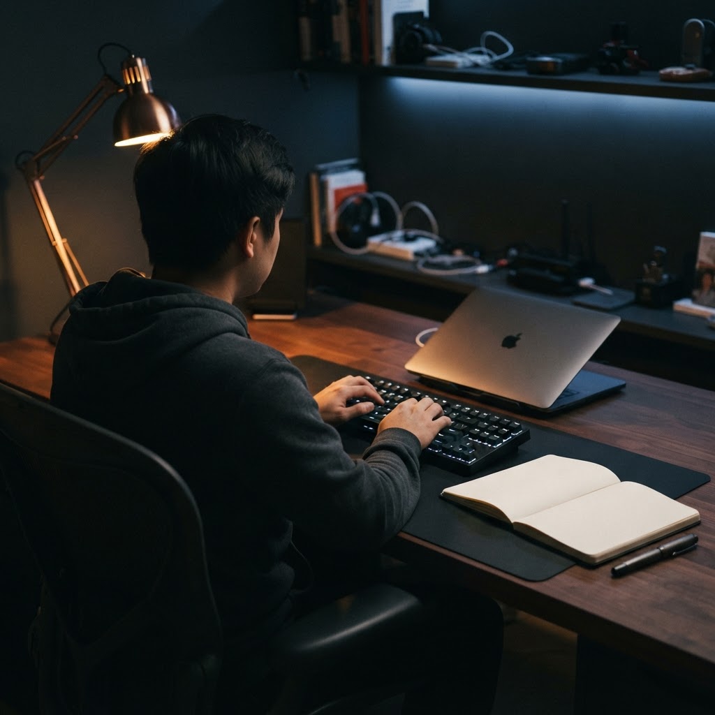 Developer working in a dimly lit workspace
