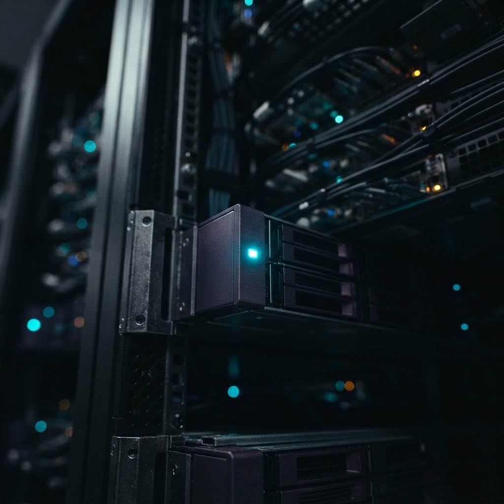 Modern server rack equipment with glowing blue lights