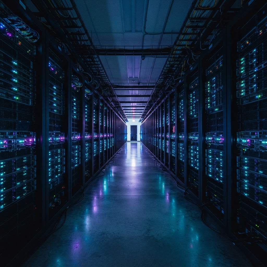 Dark and moody server room aisle