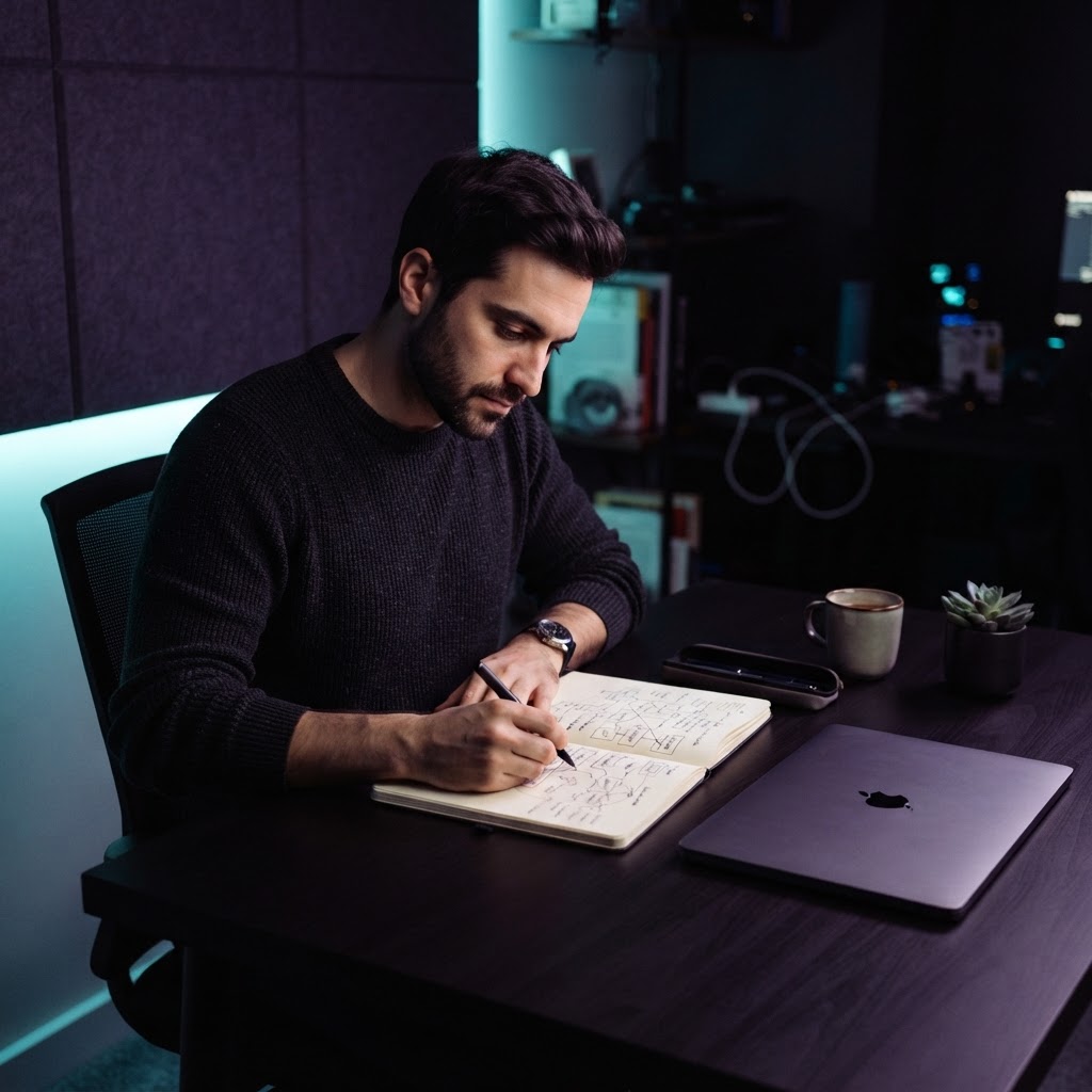 Developer sketching system architecture in a notebook