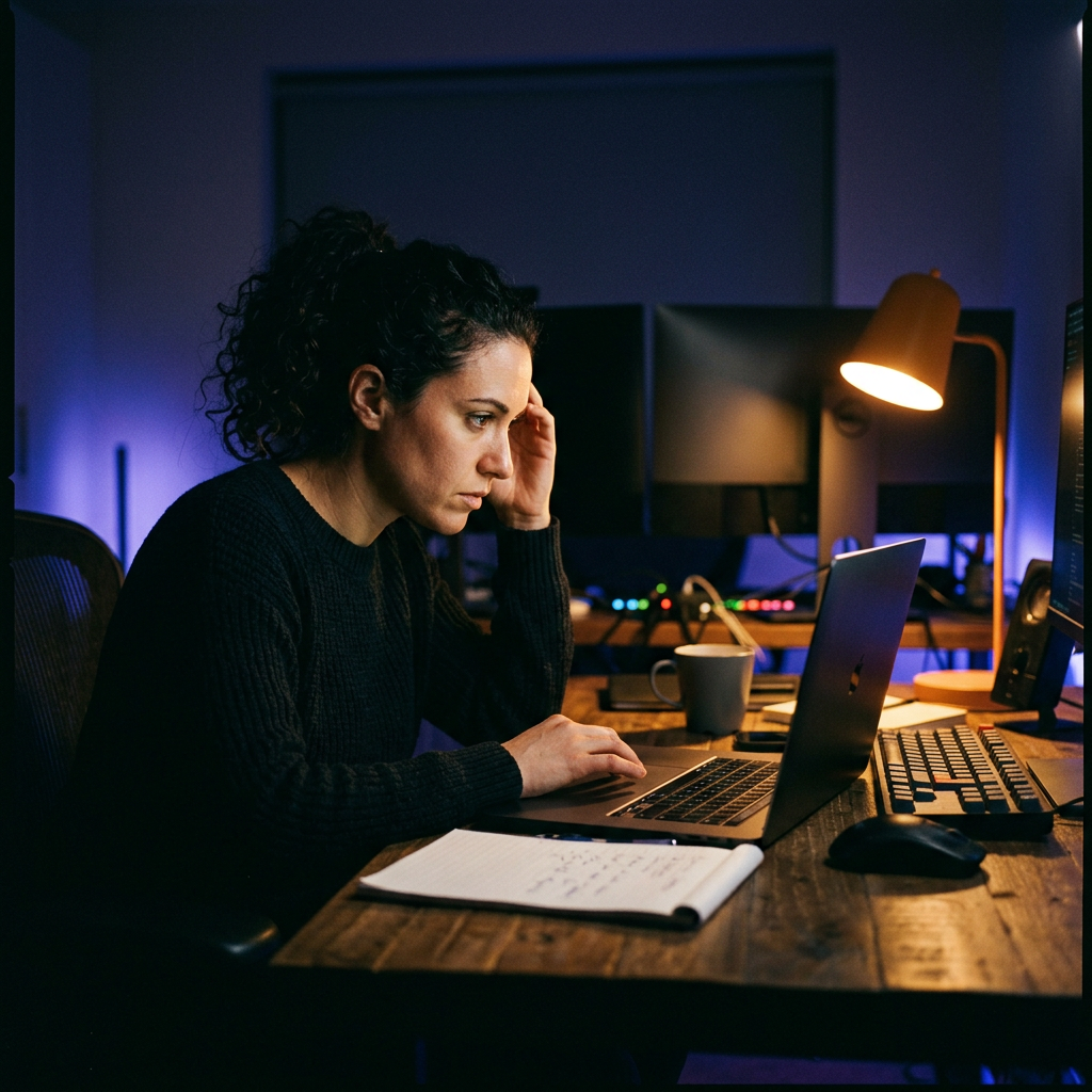 Founder analyzing pitch deck on laptop late night