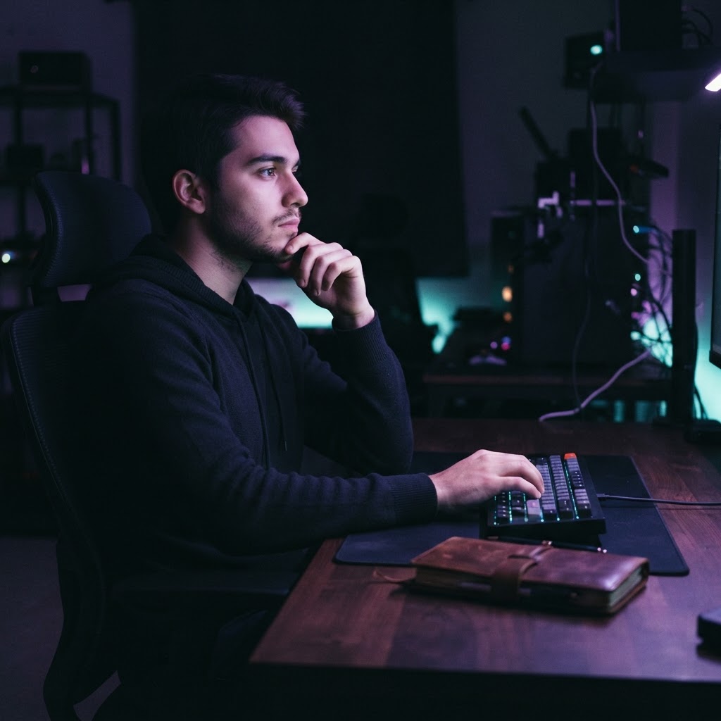A developer working in a dark room with teal lighting