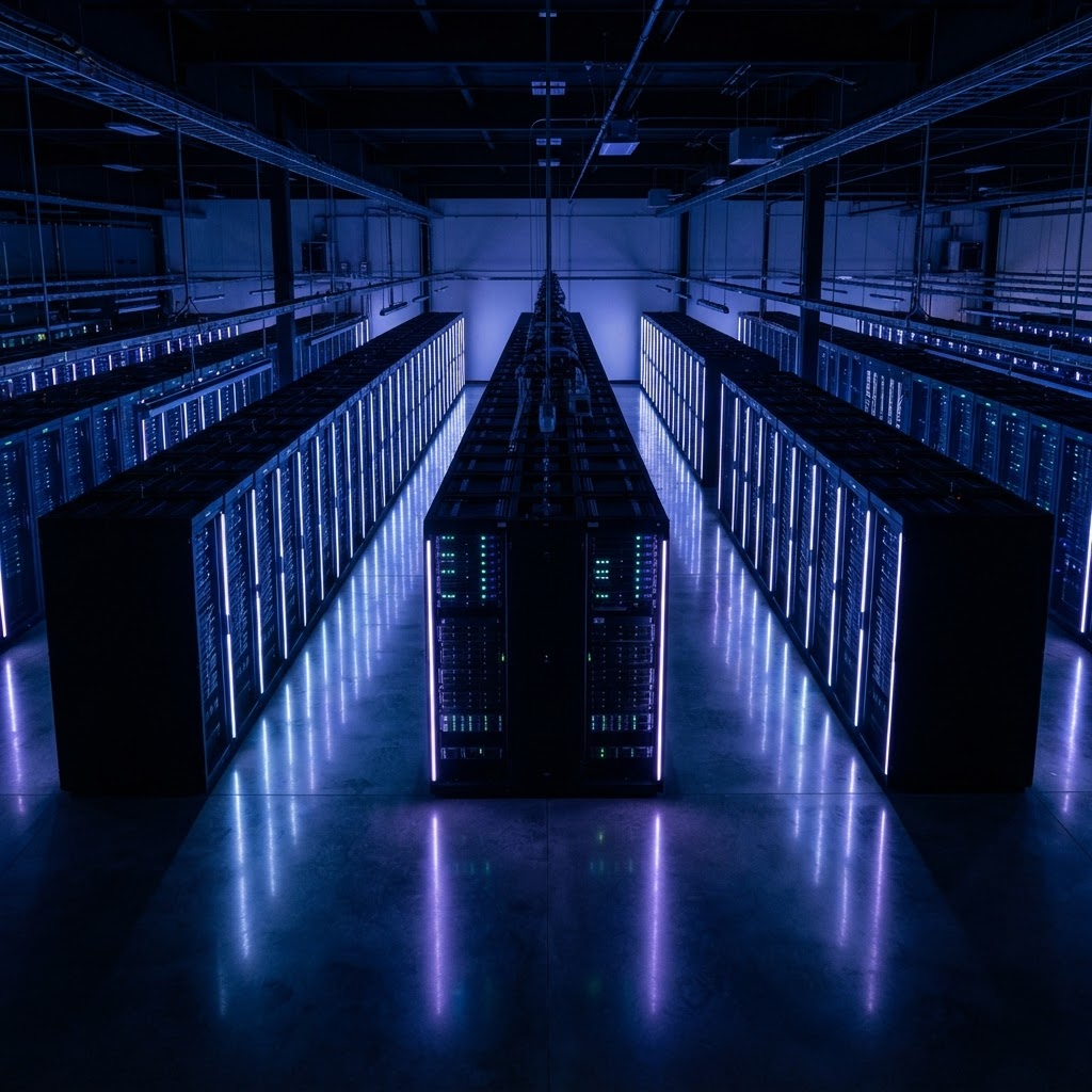 A dimly lit server room with cool blue and purple lights
