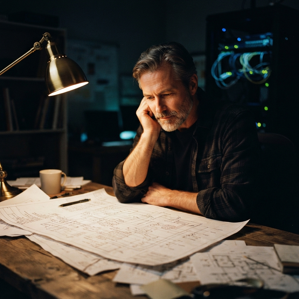 Developer reviewing architectural blueprints in moody office lighting