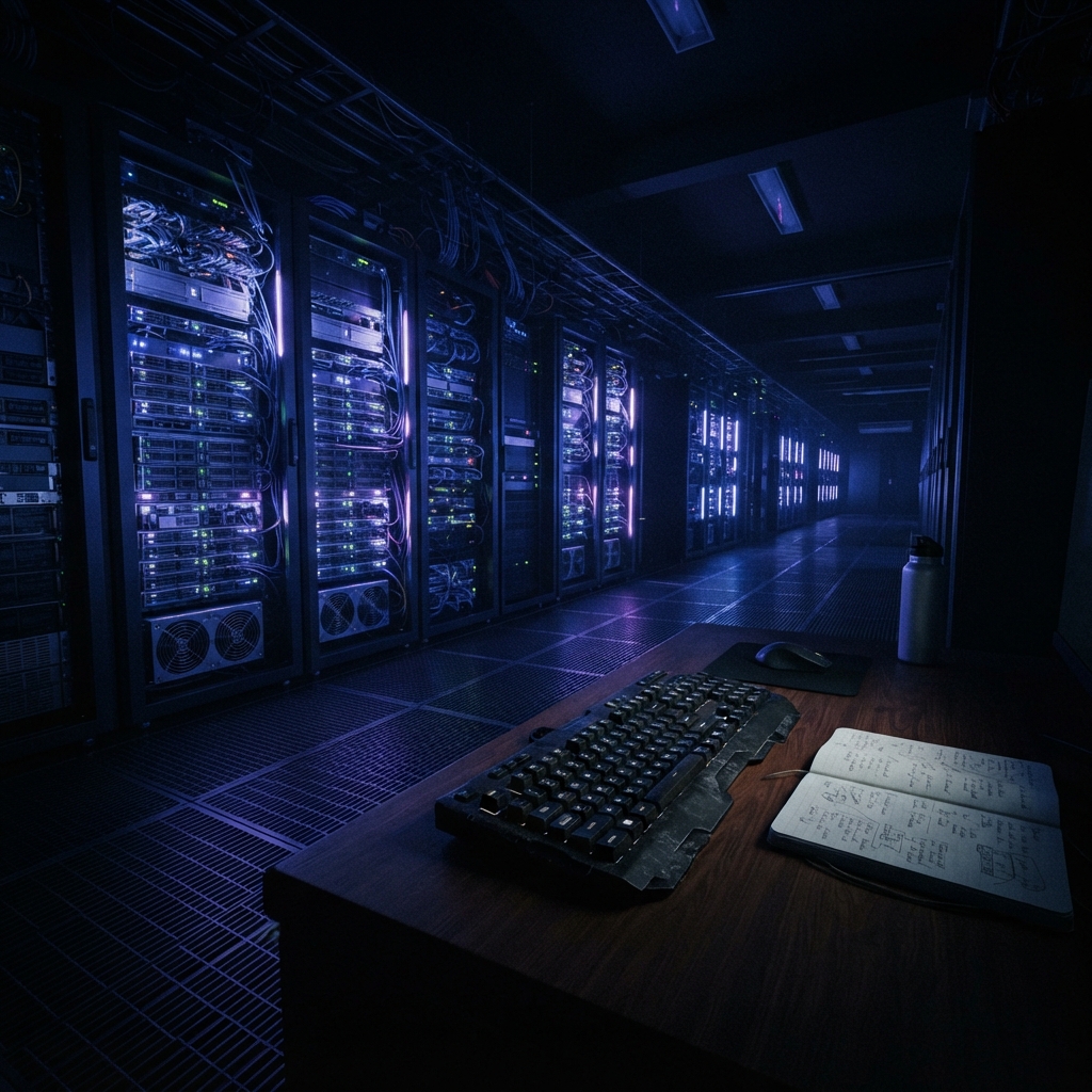Rows of glowing server racks in a dark data center