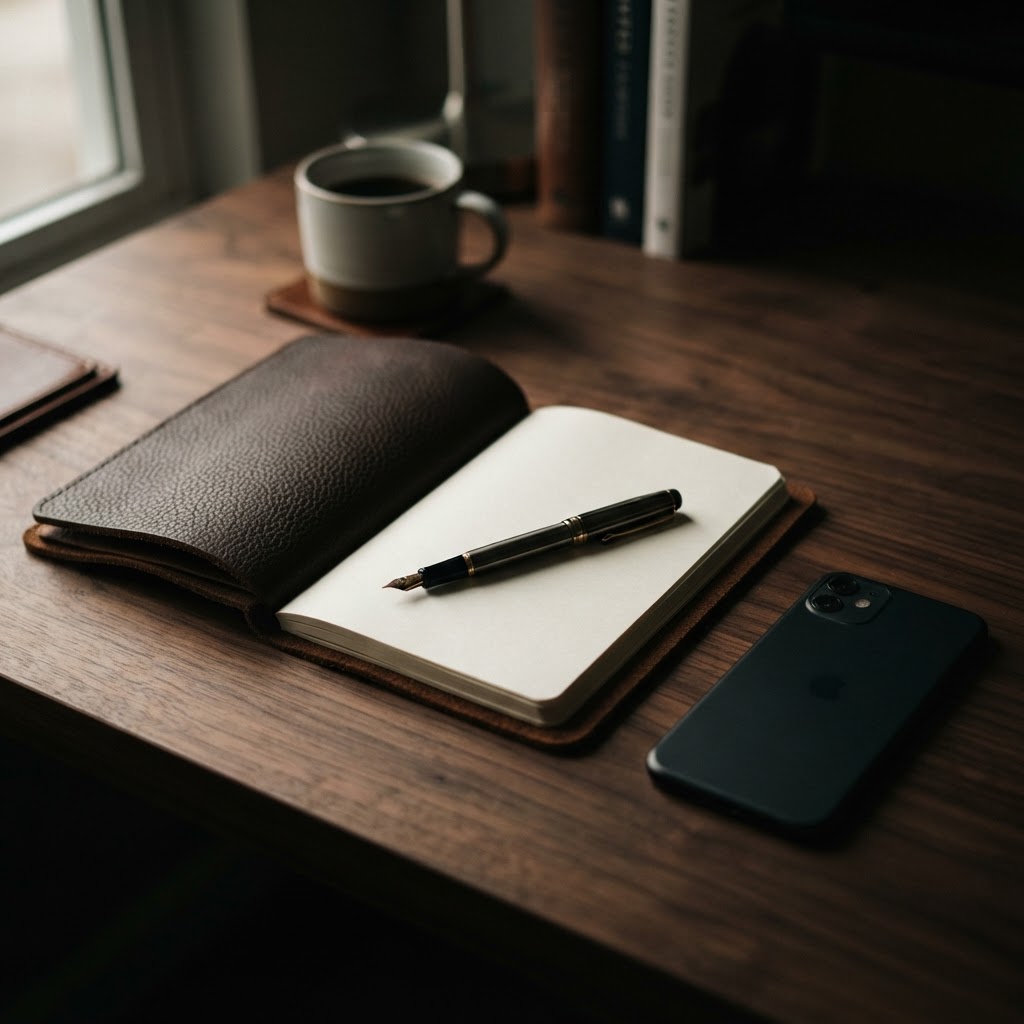 Close up of a journal and pen on a dark desk