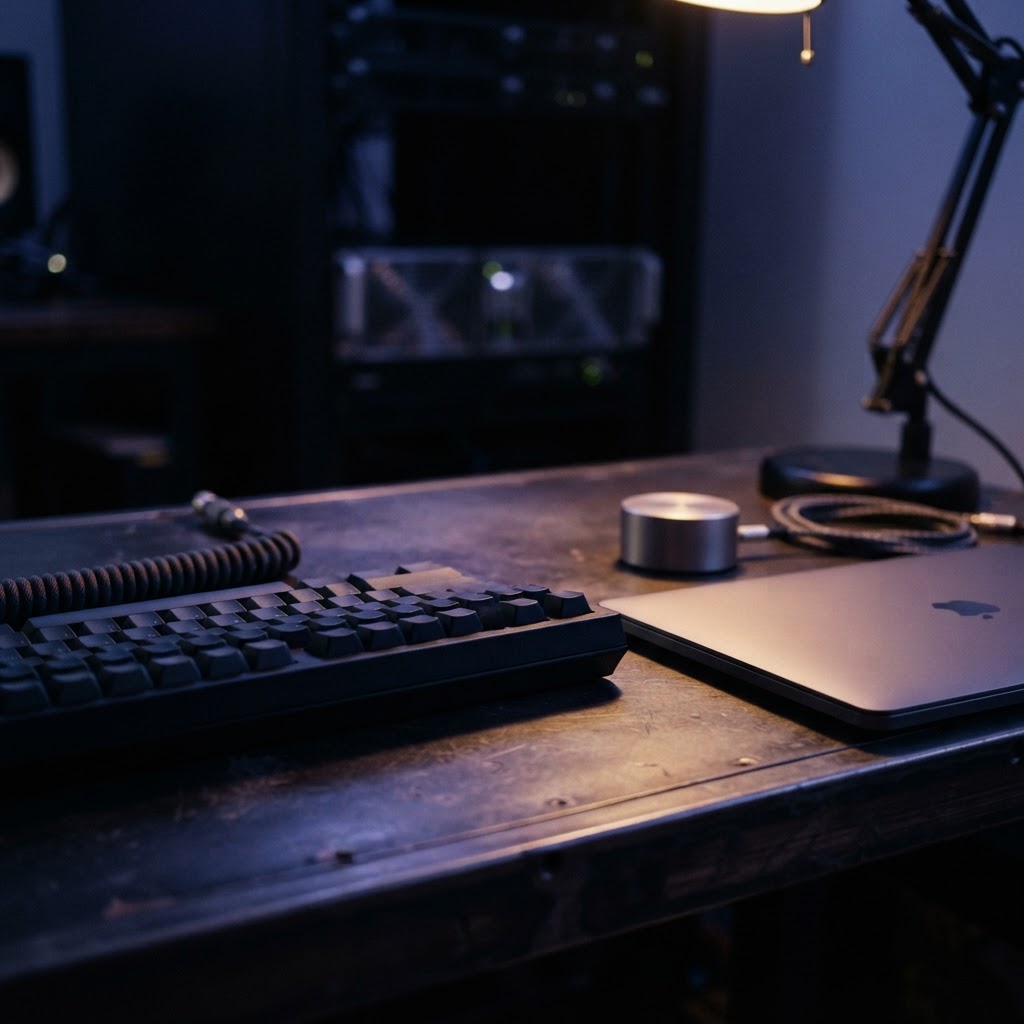 Close up of engineering equipment on a dark desk at night