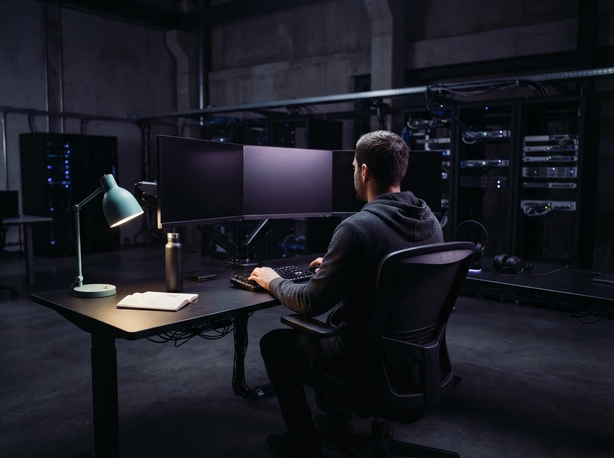 Developer focused at a dark workstation in a high-tech studio