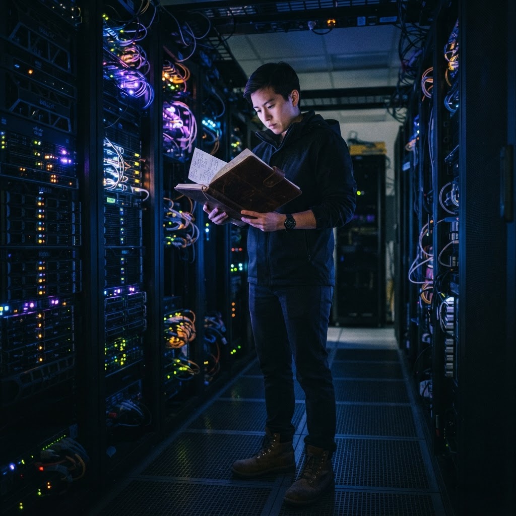 Developer reviewing technical notes in a server room