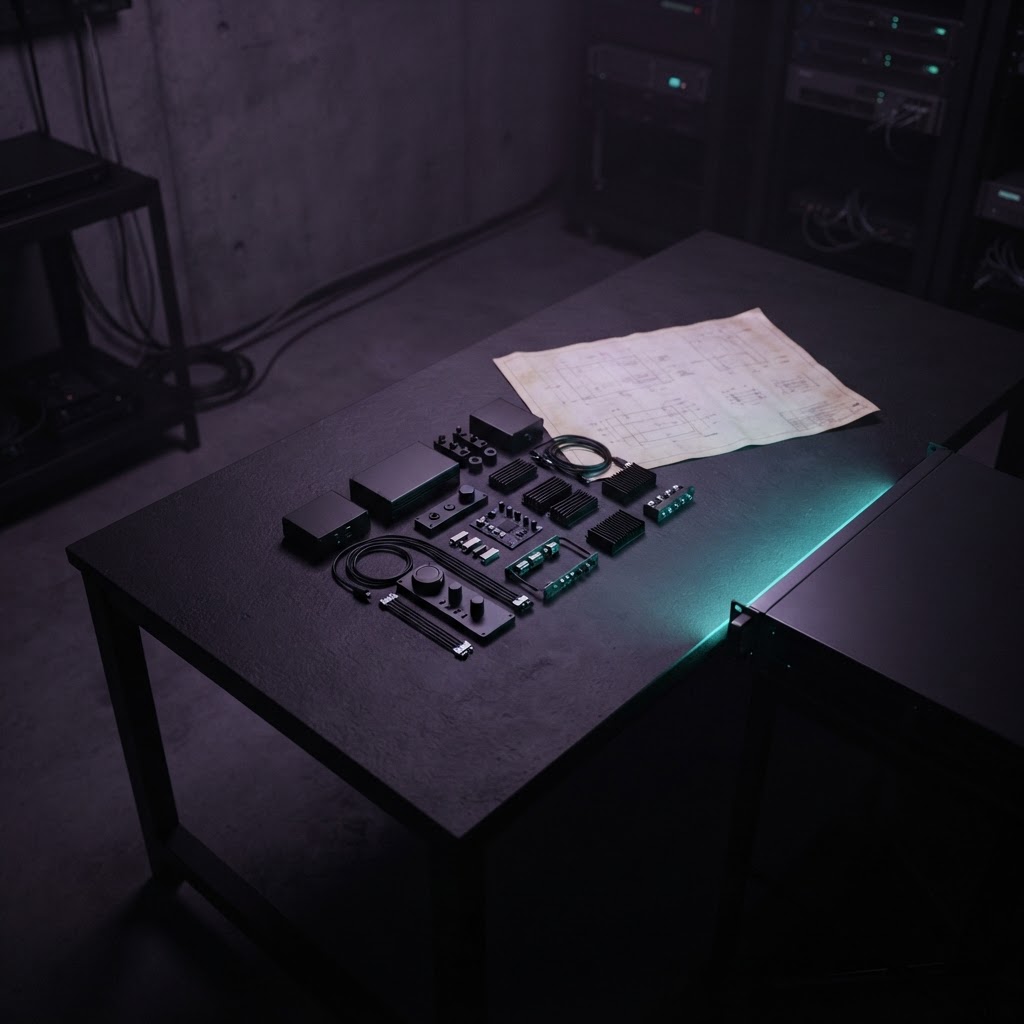 Minimalist engineering desk setup at night with blueprint