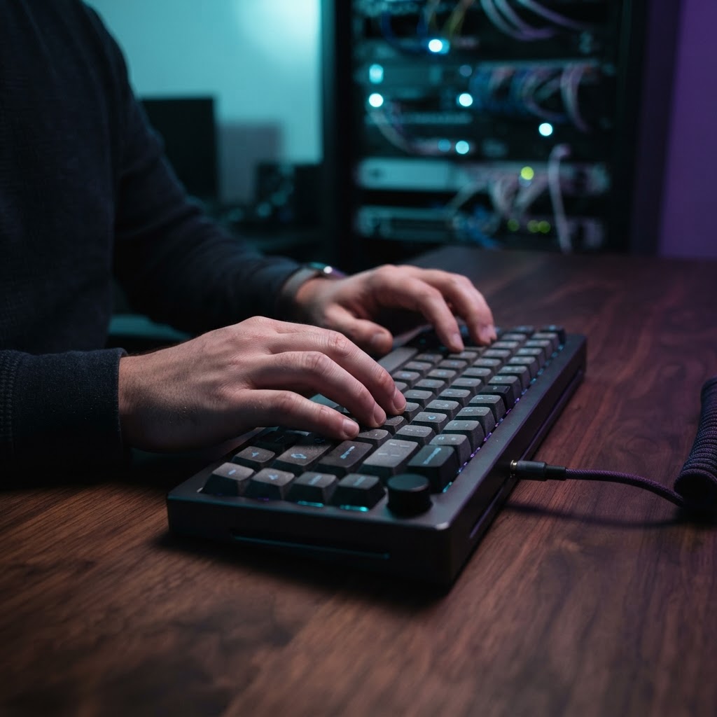 Close up of a keyboard in a dark workspace