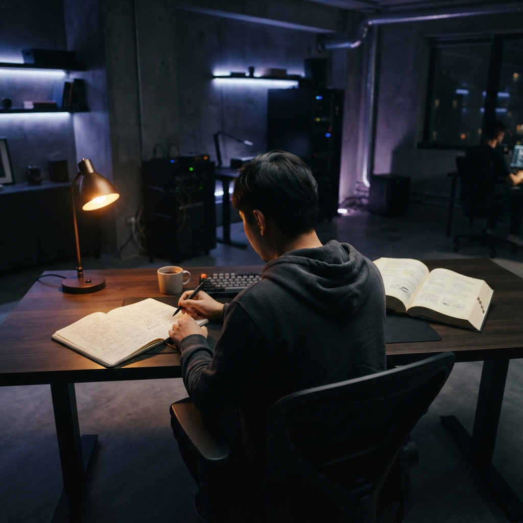 Focused developer in a dark modern workspace