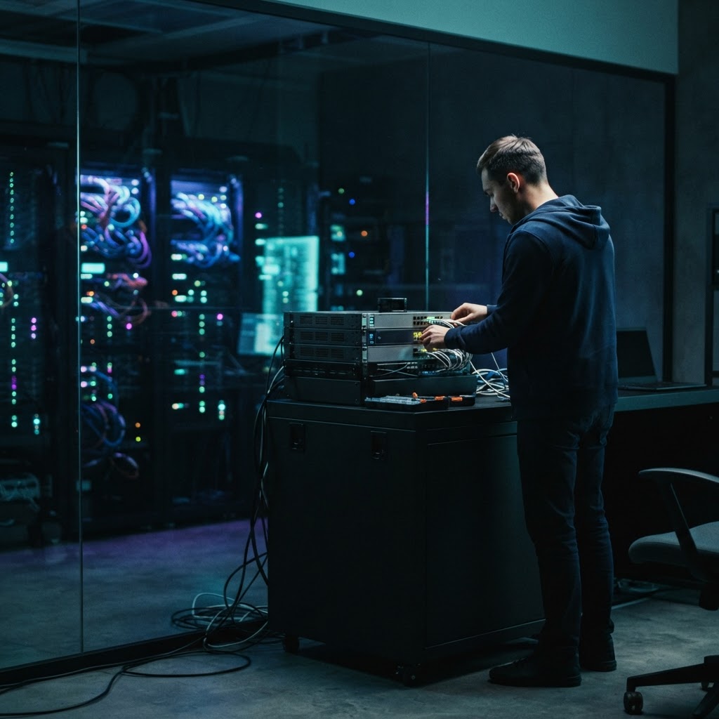 Developer adjusting network equipment in a dark studio