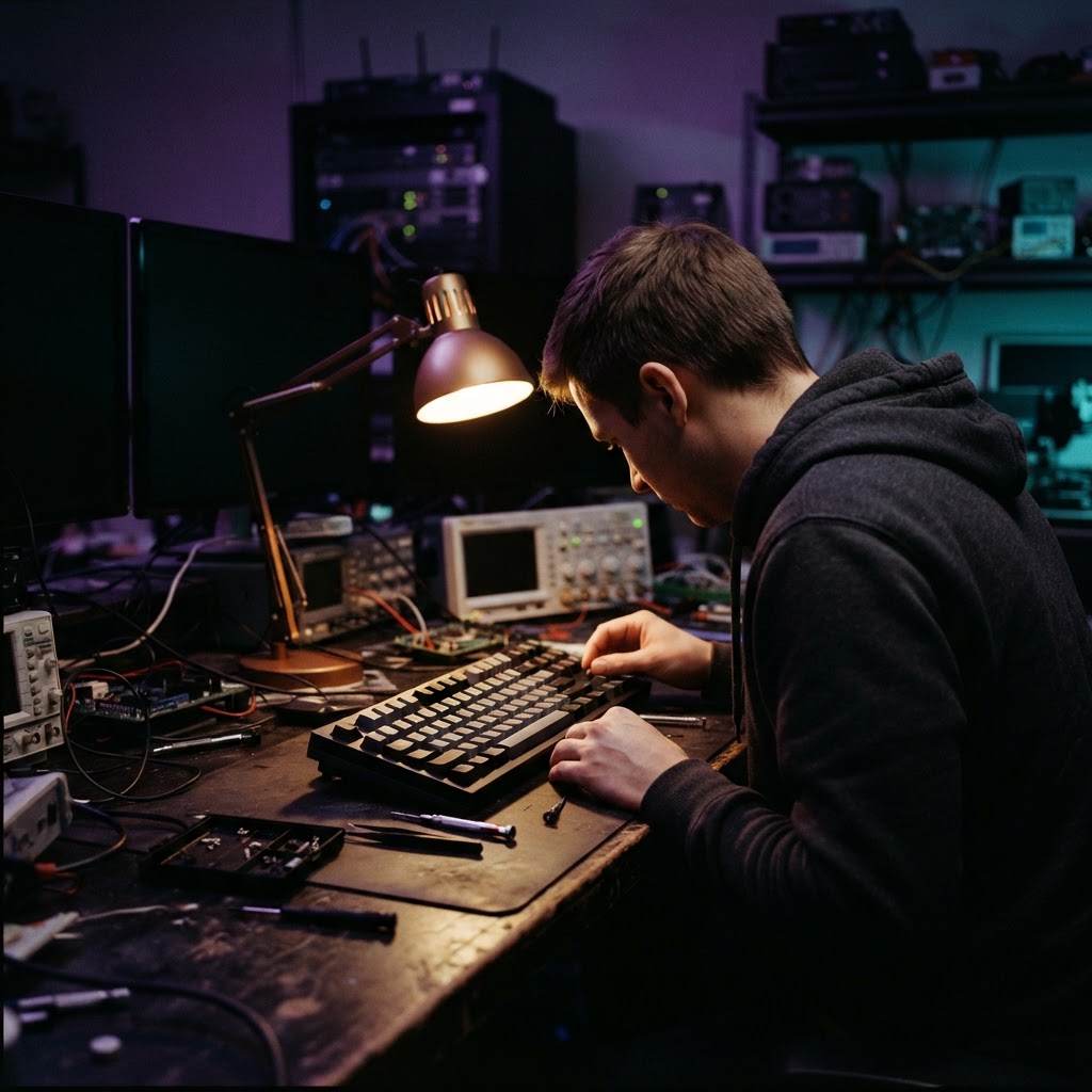 Developer evaluating hardware at a dark workbench