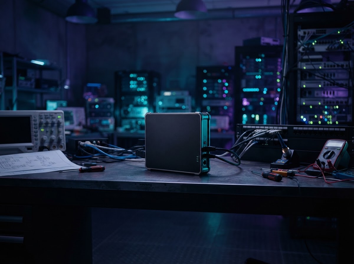 High tech gateway device on a workspace bench