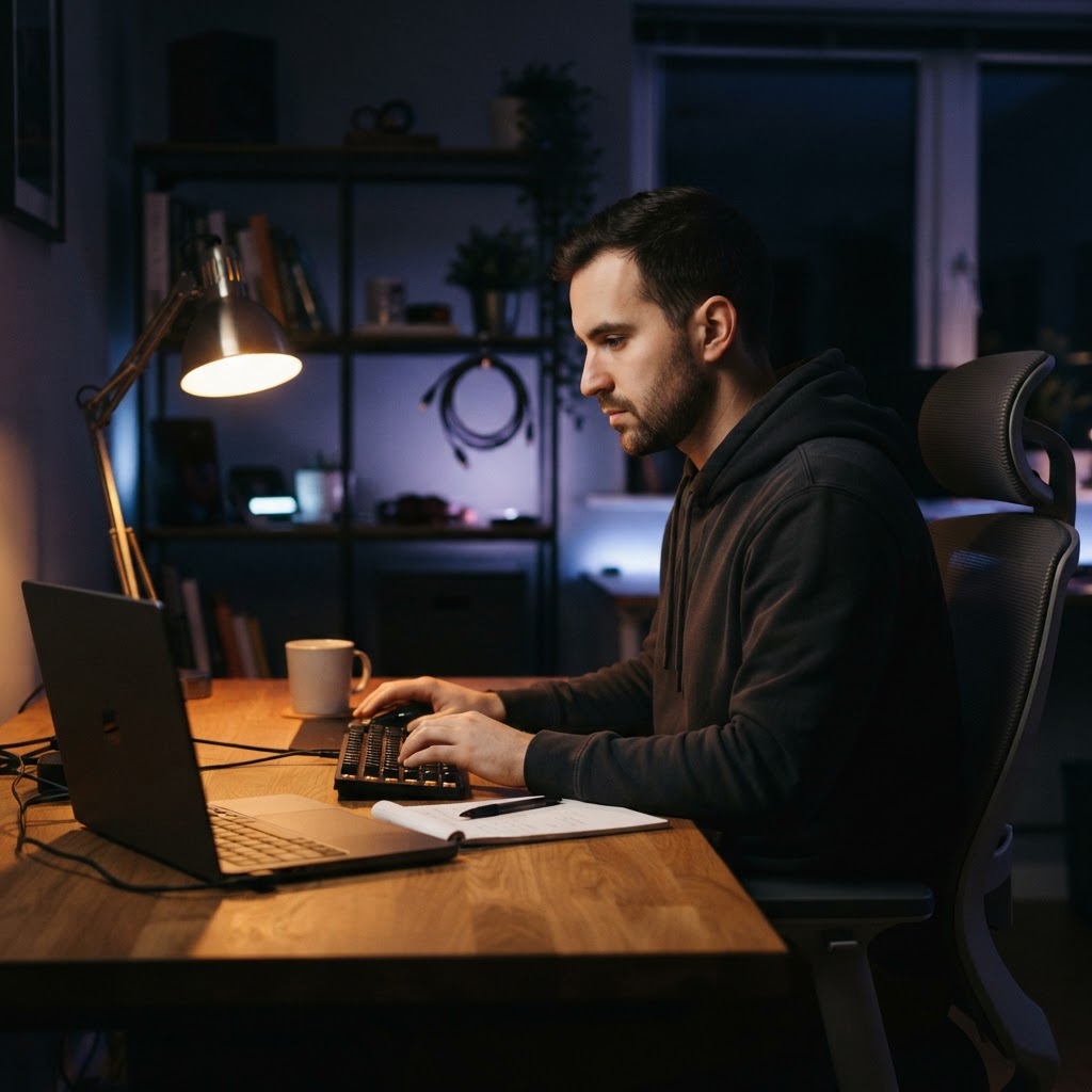 Developer working in a dimly lit office