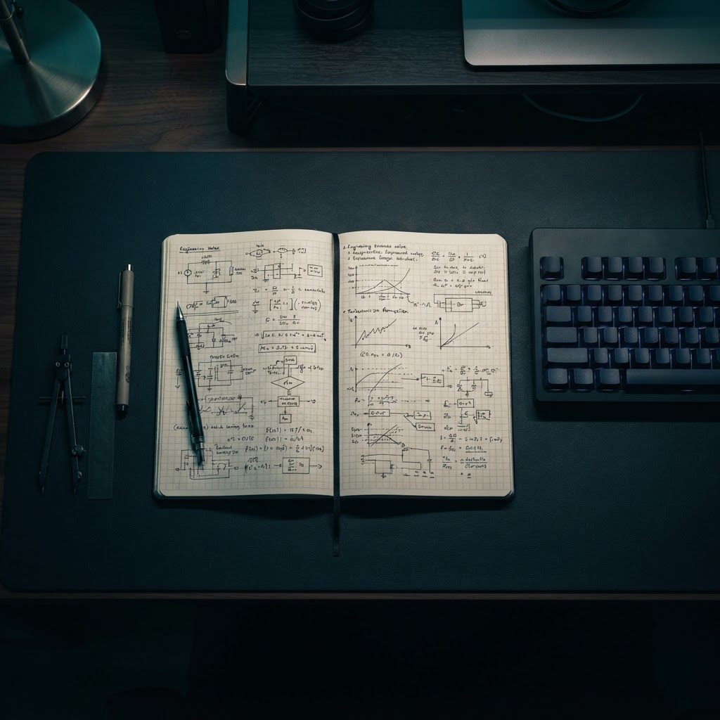 Open notebook on a dark desk