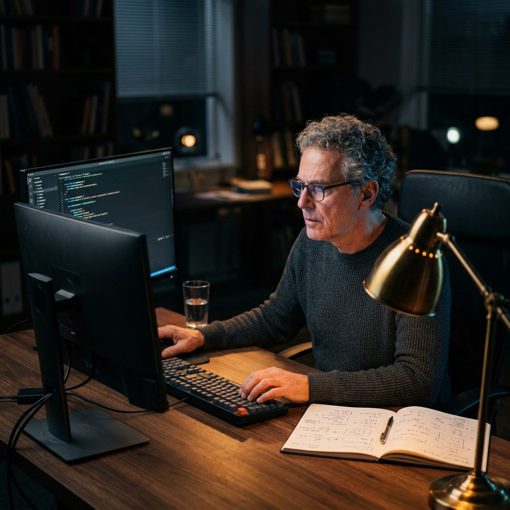 Developer reviewing code at night with focused intensity