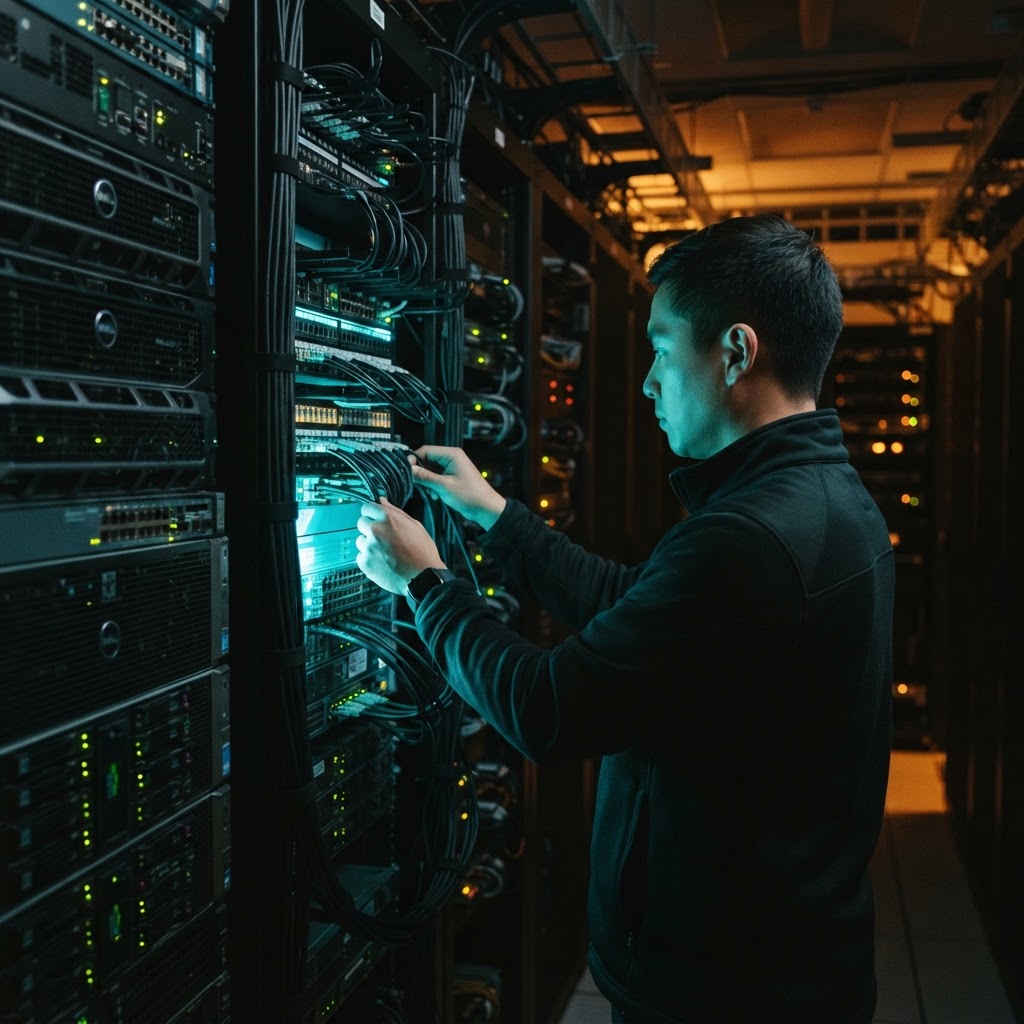 A developer working on physical server hardware in a dark room