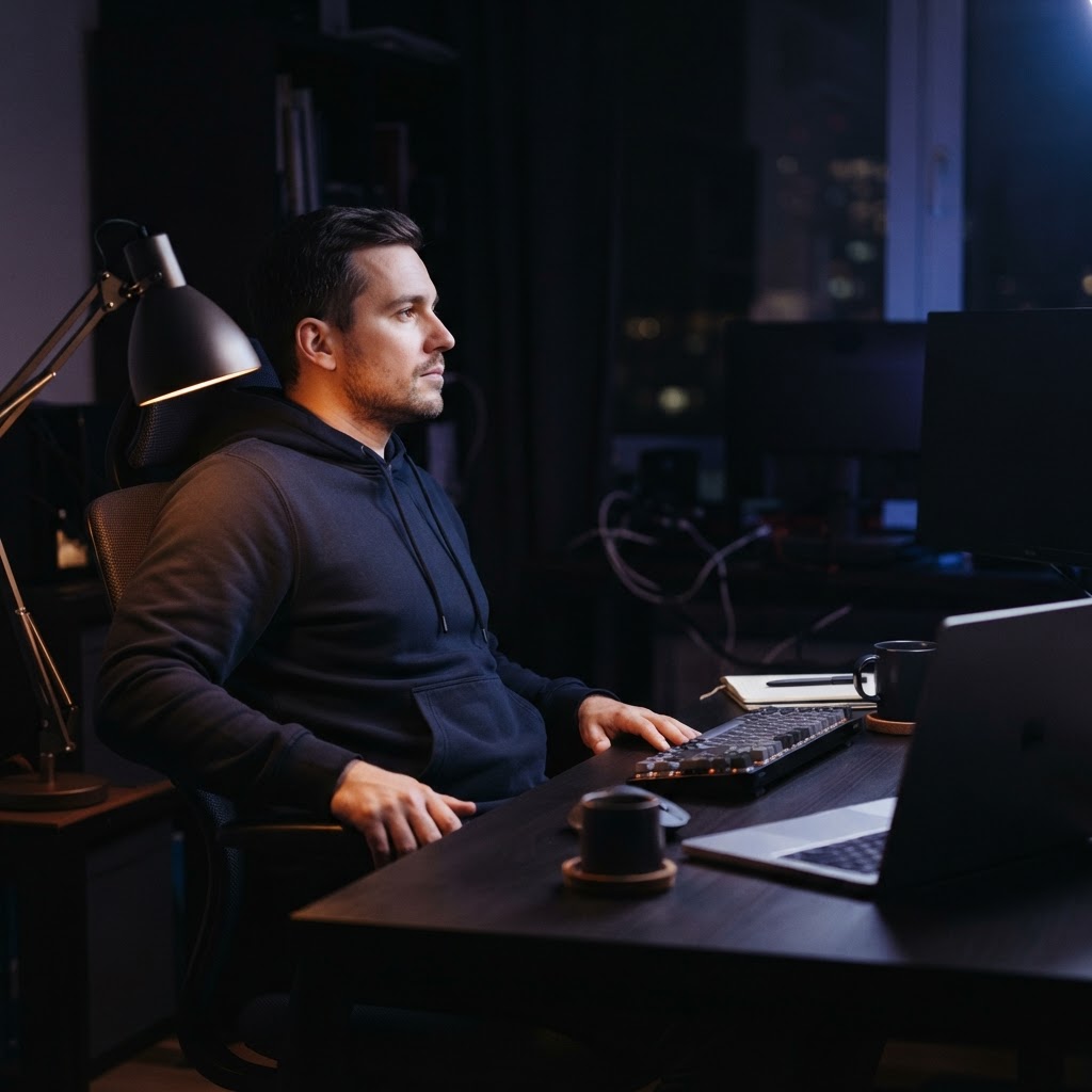 Developer thinking at a desk in a dark office
