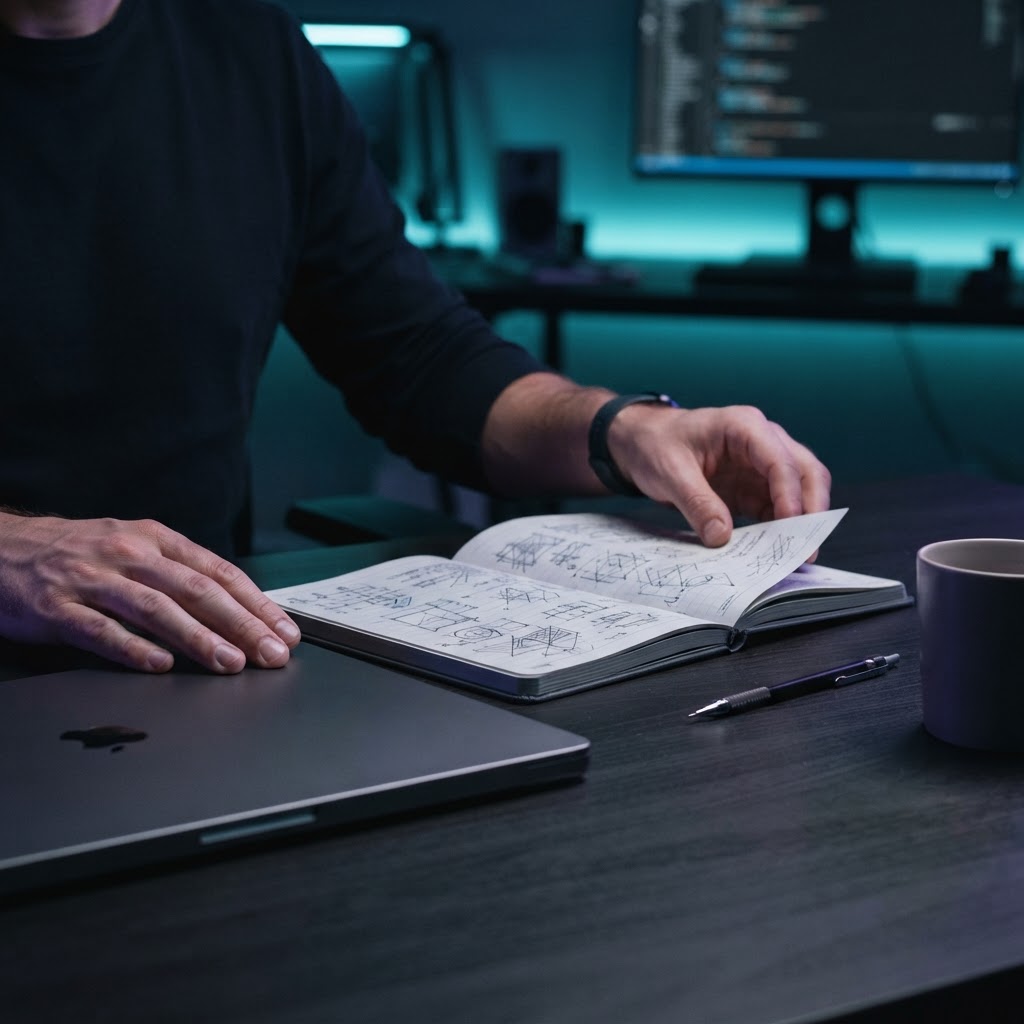 Hands on a desk next to a technical notebook