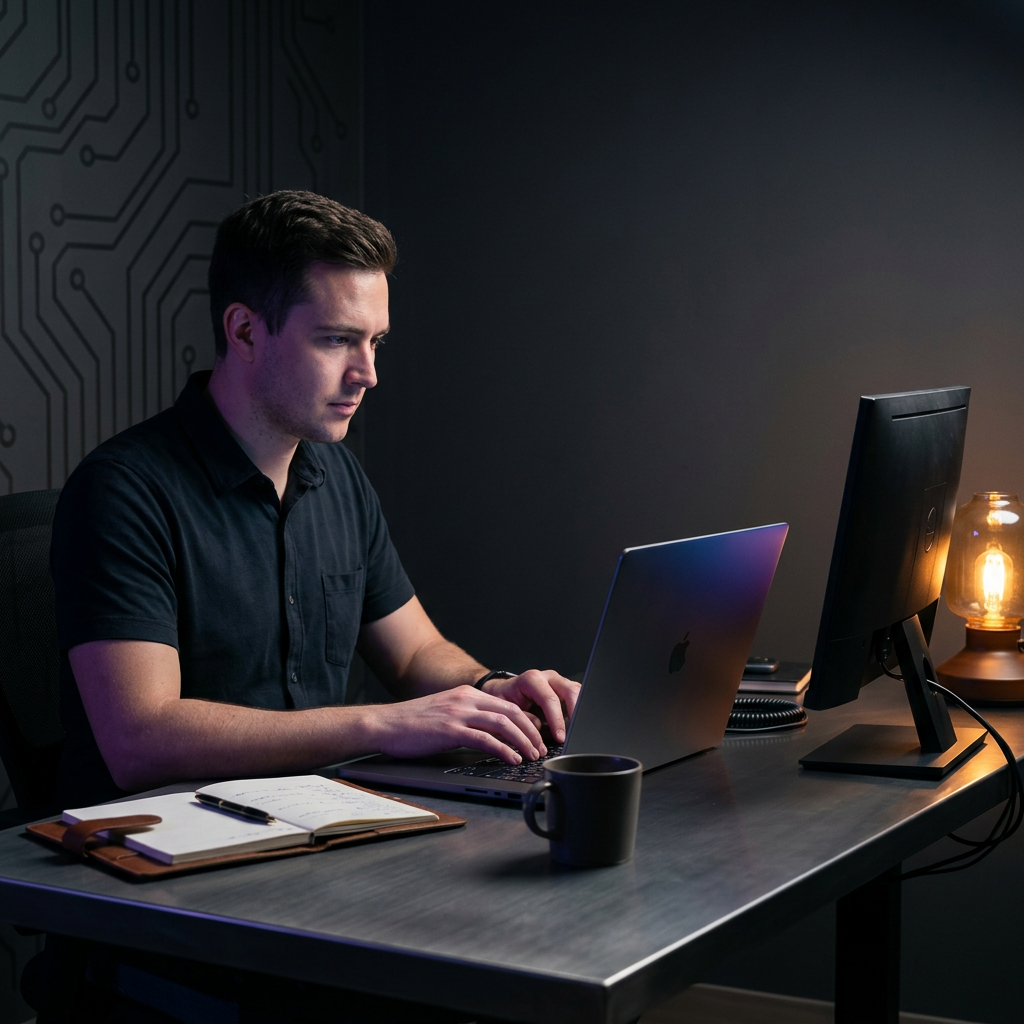 Developer focused on laptop with dual monitor setup