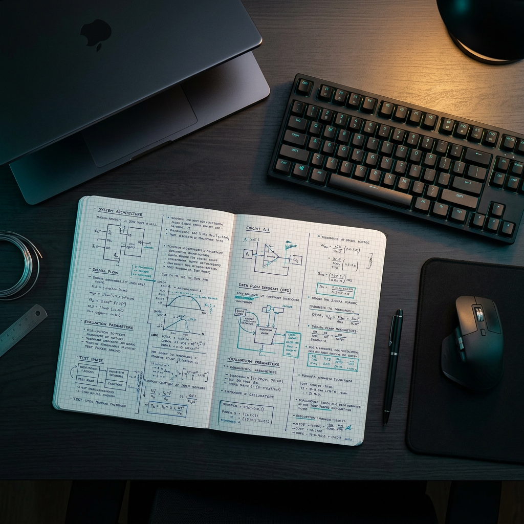 Engineering notebook with technical notes and keyboard setup
