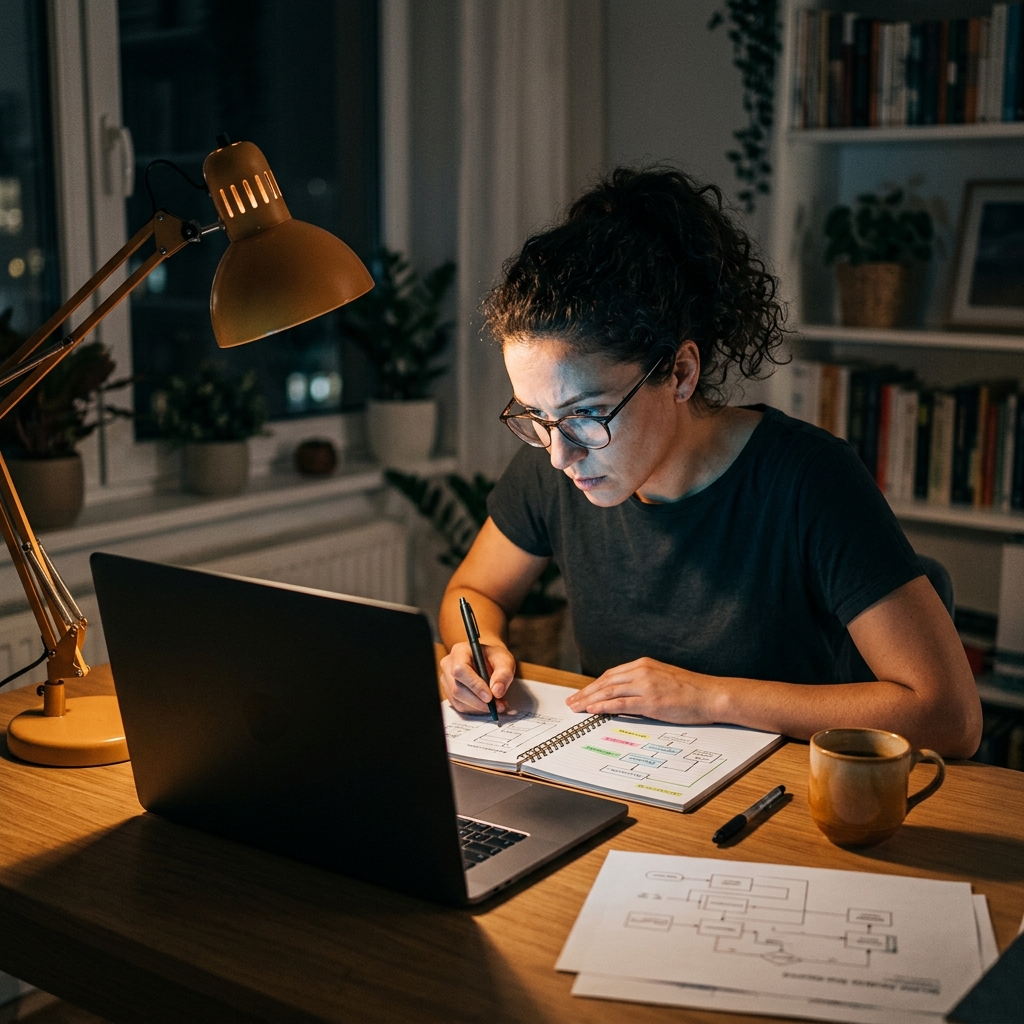 Developer analyzing AI architecture diagrams at desk