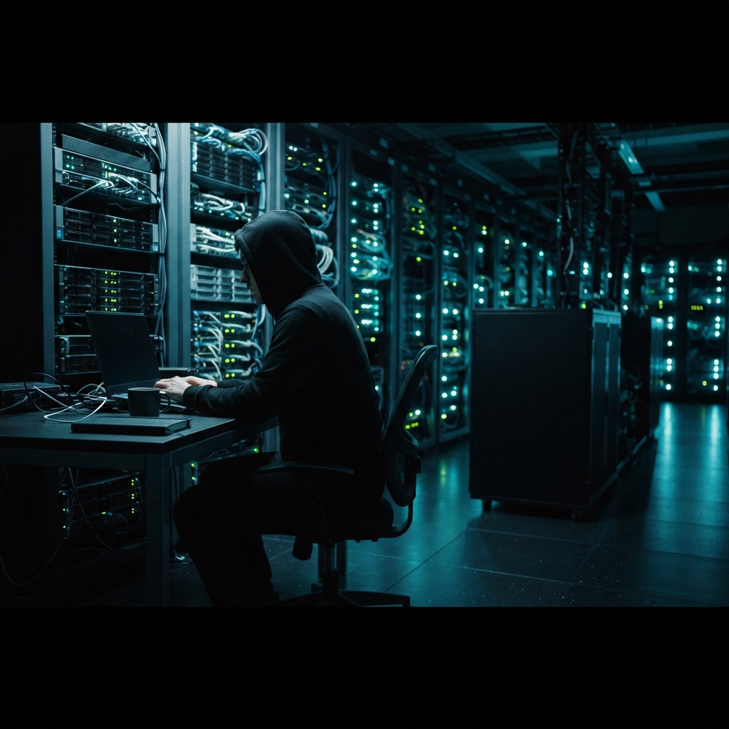 A developer working in a cool-toned server room
