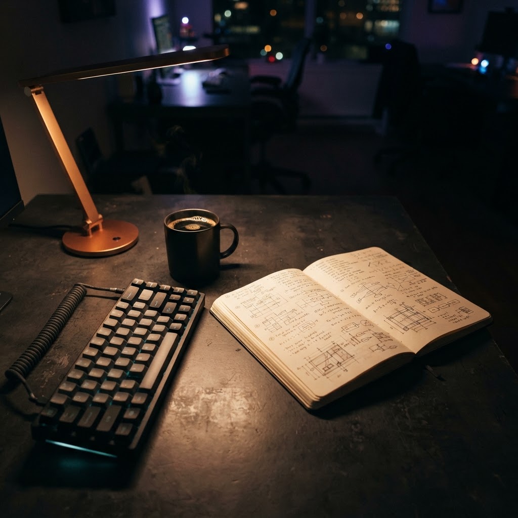 A dimly lit developer workspace focused on technical planning
