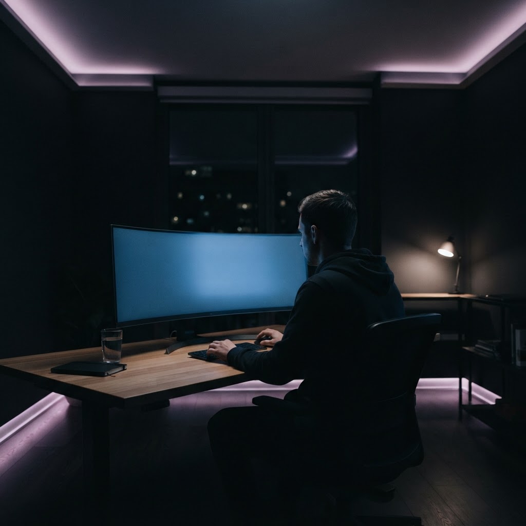 Developer working in a dimly lit office space