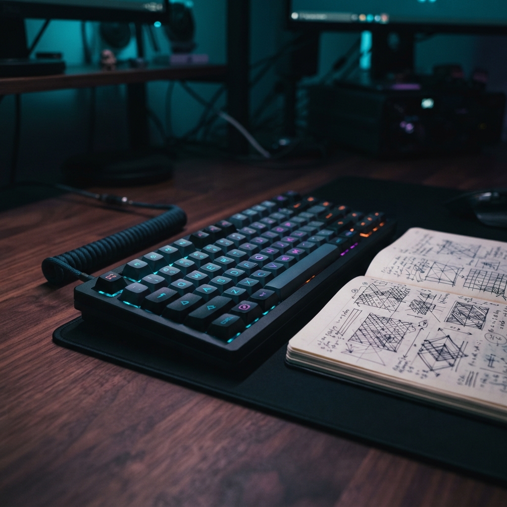 Open engineering notebook and mechanical keyboard on a desk
