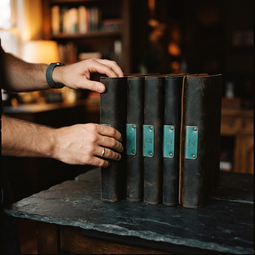 Hands organizing secure leather folders with teal tabs