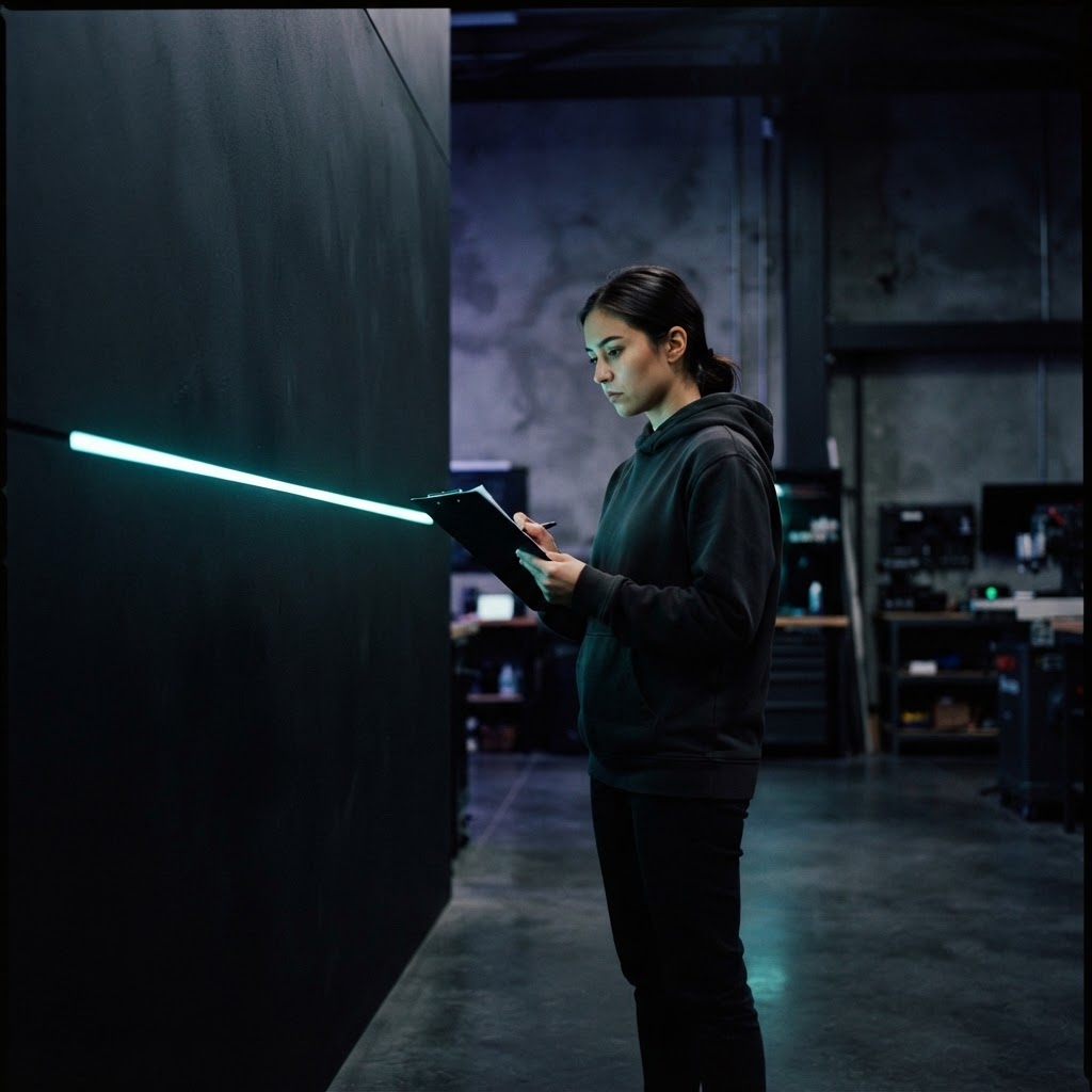 Person observing a minimalist wall with teal accent lighting